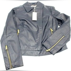 NEW TORY BURCH WOMEN'S "HARPER MOTOR JACKET"- NAVY BLUE SHEEP LEATHER- Size 6